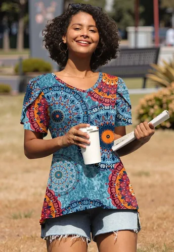 Vista 3 de CATHY 2025 - Blusas de verano para mujer, con mangas cortas, cuello en V, estilo túnica, tallas S-4XL
