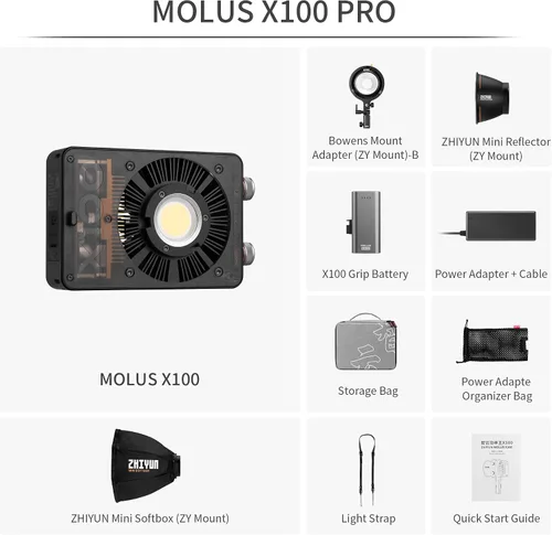 Vista 2 de Zhiyun MOLUS X100 PRO 100w COB LED luz de video, luz de cámara bicolor 2700K-6500K con aplicación Bluetooth Control de brillo Iluminación continua