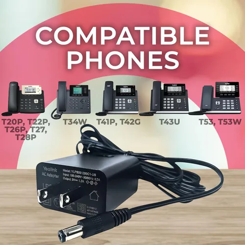 Vista 3 de Yealink - Adaptador de corriente de 5 voltios y 1.2 amperios, teléfonos compatibles con Yealink - T53, T53W, T26P, T27, T28P, T34W, T41P, T42G