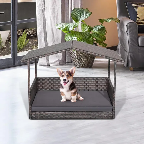 Vista 8 de Tangkula Casa de mimbre para perros, cama elevada de ratán para interiores y exteriores con cojín extraíble, funda lavable, techo impermeable