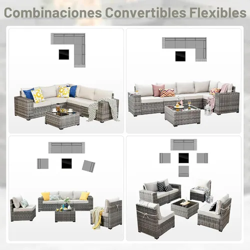 Vista 6 de ovios Juego de muebles de patio de 6 piezas, sofá seccional de mimbre para exteriores con mesa auxiliar, cómodos cojines, moderno sofá modular Beige