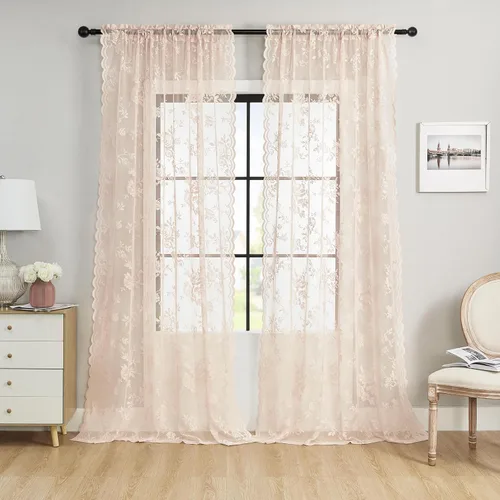 Vista 38 de Cortinas de encaje beige, juego de 2 paneles de cortinas traslúcidas con bolsillo para cortinero, decoración de ventana pequeña, baño, sótano