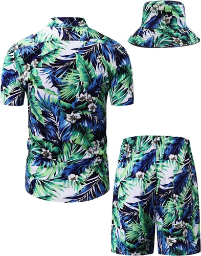 Vista 127 de TUNEVUSE Conjunto de camisas y pantalones cortos hawaianos para hombre, 2 piezas, trajes de playa con estampado de flores, traje tropical de verano