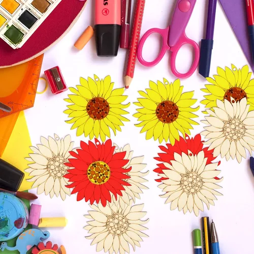 Vista 9 de 10 piezas de madera sin terminar con forma de girasol, piezas de discos de rebanadas para manualidades, decoración de primavera