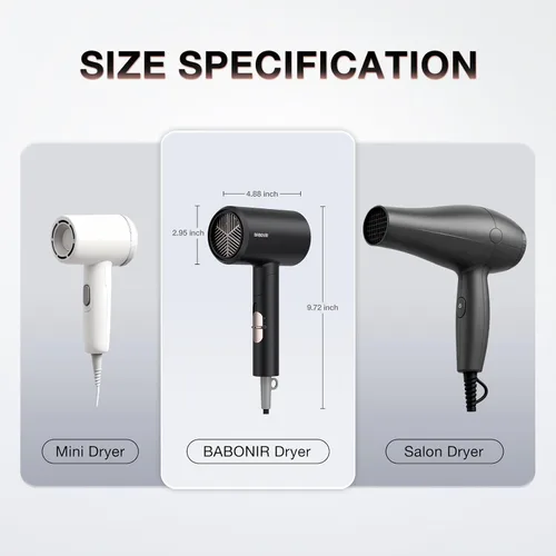 Vista 5 de BABONIR 1875W Hair Dryer with Diffuser, Ionic Foldable Blow Dryer, Black Fast Drying for All Hair Types, 3 Heat & 2 Speed, Concentrator &