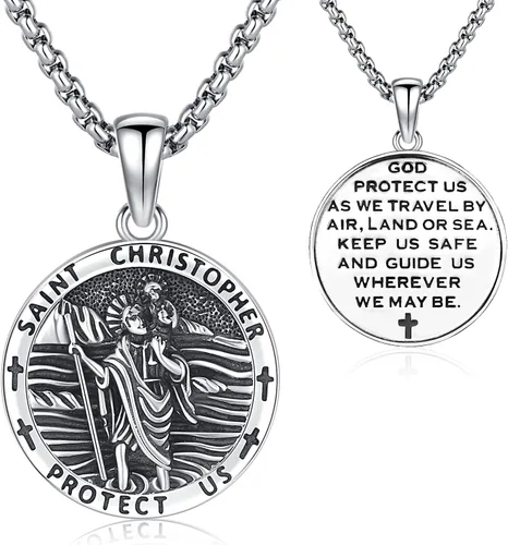 Vista 27 de Aniu 925 Sterling Silver Saint Medal Necklace Religious Amulet Jewelry Gift Concha de abulón - Redondo - Collar de San Cristóbal - H