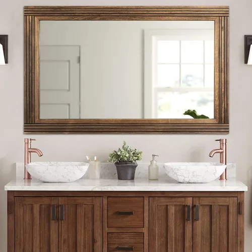 Vista 11 de Espejo de pared de madera empalmada hecha a mano para baño, espejo de tocador rústico estilo granja, arte de pared de decoración, marco de madera