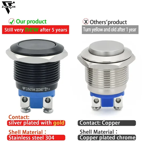 Vista 6 de 2 piezas de interruptor de botón de presión de 19 mm, negro, momentáneo, impermeable IP67, metal, plano, redondo, 3/4 pulgadas, 12 V, 24 V, 36 V