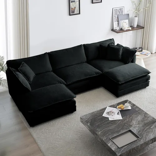 Vista 16 de KIVENJAJA - Sofá modular en forma de U extragrande tipo nube, chenilla moderna de 4 plazas con asiento profundo para sala de estar y oficina, con 2