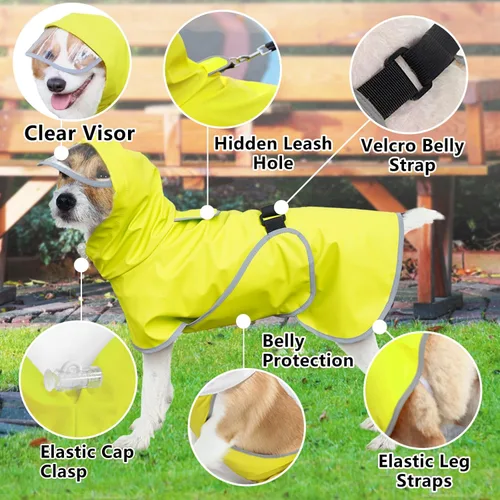 Vista 2 de Impermeable para perros con capucha, poncho deslizante – Chaqueta impermeable reflectante ligera para mascotas, impermeable con correa ajustable