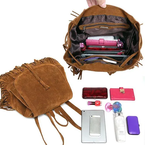 Vista 4 de Mochila para mujer, bolso de hombro con flecos y borlas, de piel sintética, bolso de viaje de moda