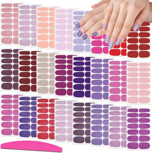 Vista 9 de 24 hojas de envolturas de uñas de color sólido para mujeres, tiras de esmalte de uñas autoadhesivas, tiras de uñas de gel para arte de uñas