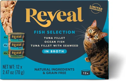 Vista 8 de Reveal Fish & Chicken - Paquete variado de comida húmeda para gatos en caldo, paquete de 12, 3 sabores, proteínas, ingredientes limitados, sin