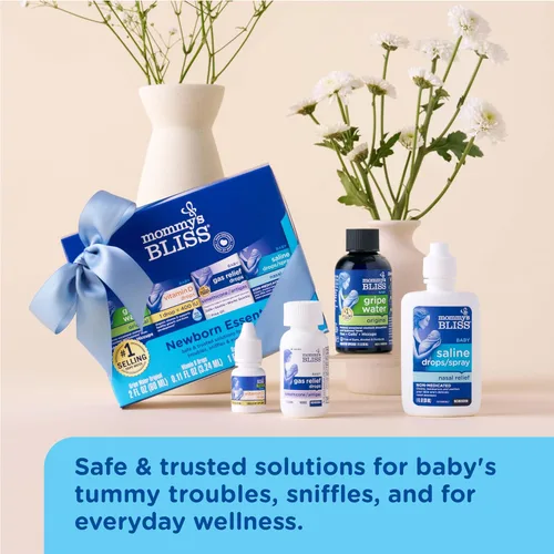 Vista 4 de Mommy's Bliss Kit de 4 piezas de artículos esenciales para recién nacidos y bebés - Con agua anisada, gotas para aliviar los gases, vitamina D 400IU