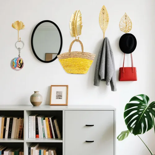 Vista 4 de 10 ganchos decorativos de pared con hojas doradas, ganchos para colgar abrigos, toallas, sombreros, perchas de metal para montaje en pared
