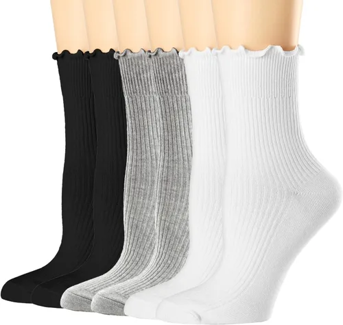 Vista 8 de Mcool Mary Calcetines para mujer, con volantes, estilo casual, transpirables, de punto, de algodón, con volantes, paquete de 6