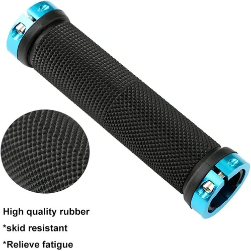 Vista 4 de 1 par de empuñaduras de manillar de bicicleta, empuñaduras de goma antideslizantes con doble anillo de bloqueo de aluminio azul, protector de mango