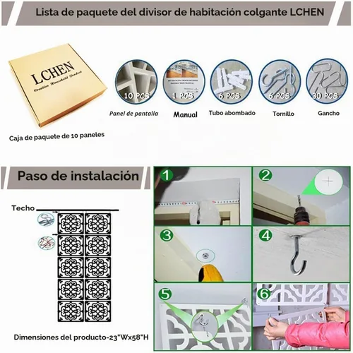 Vista 7 de Lchen Divisor de habitación colgante, 10 paneles colgantes de madera y plástico, panel de pantalla de 0.2 pulgadas de grosor para sala de estar