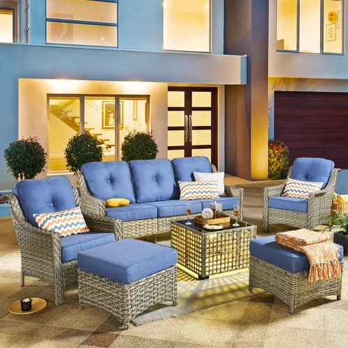 Vista 32 de HOOOWOOO Sofá de patio de 3 plazas de mimbre para exteriores, resistente a todo tipo de clima, con respaldo alto, muebles a juego (beige y bronceado)