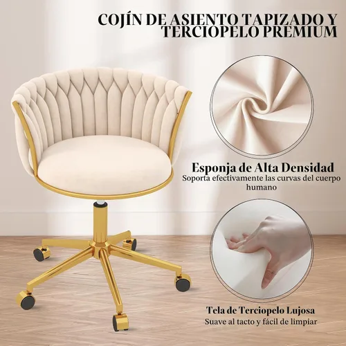 Vista 4 de Silla de escritorio moderna de terciopelo con ruedas, hermosa silla de tocador para niñas, color beige
