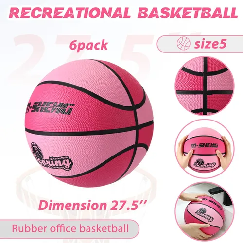 Vista 4 de Soulchen 6 pelotas de baloncesto oficiales tamaño 5 a granel color rosa para niñas con bomba y bolsa de red para adultos, deportes en interiores