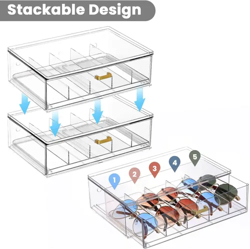 Vista 4 de LALOBLUE Clear Acrylic Sunglasses Organizer, Stackable Eyeglass Storage Case with Gold Handles, Glasses Display Holder
