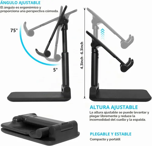Vista 4 de Soporte para teléfono celular, soporte plegable para teléfono de escritorio, soporte de teléfono móvil ajustable en altura en ángulo para A-Negro