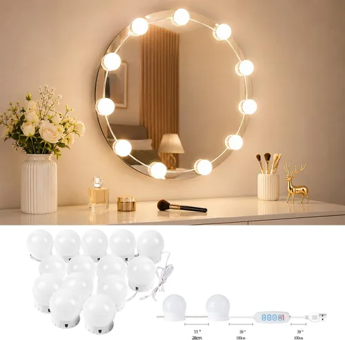 Vista 6 de Luces LED de tocador para espejo, estilo Hollywood, 10 bombillas regulables, 3 modos de cambio de color, configuración sin esfuerzo, cable USB