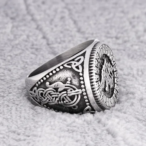 Vista 4 de Gungneer Anillo de lobo de Fenrir rúnico de acero inoxidable Odin nórdico runa círculo vikingo, joyería para hombres y mujeres, Metal, n