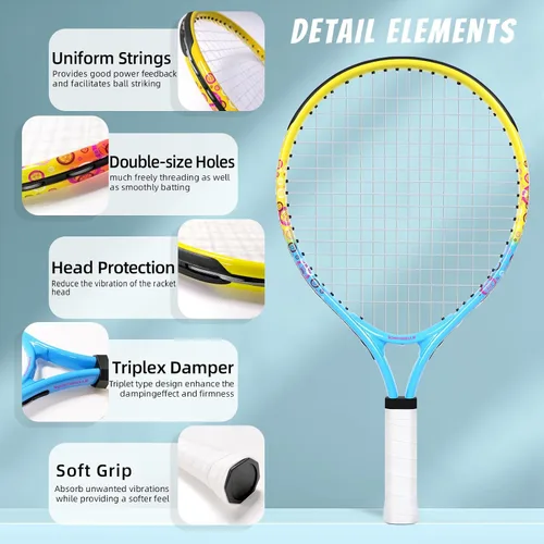Vista 3 de Raqueta de tenis para niños de 17"-23" para edades de 2-9 años, ligera y duradera, incluye 1 raqueta de tenis para niños pequeños y 1 cintas