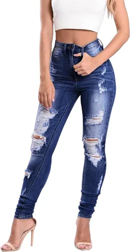 Vista 7 de KUNMI - Pantalones de mezclilla clásicos de cintura alta para mujer, elásticos, con efecto de levantamiento de glúteos, ajustados