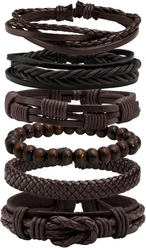 Vista 9 de MILAKOO 6 pulseras de cuero trenzado para hombres y mujeres de madera con cuentas de pulsera ajustable