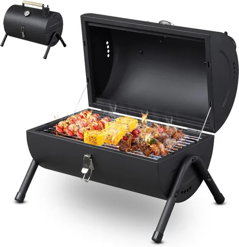 Vista 9 de VINGLI Parrilla de carbón portátil de doble cara, mango de madera, bolsa de almacenamiento, multifuncional de metal compacto de mesa para barbacoa