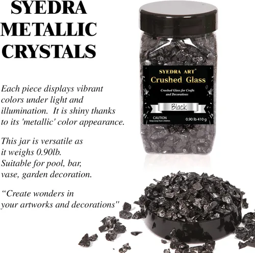 Vista 3 de Syedra - Vidrio triturado para manualidades, chips de alto brillo triturado con purpurina, piezas de vidrio roto, 0.118-0.236 in, 410G (negro)