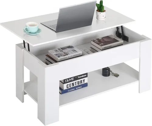 Vista 8 de Mesa auxiliar elevable, mesa de centro de madera ajustable de 39.4 pulgadas de altura con compartimento oculto y estante inferior de almacenamiento
