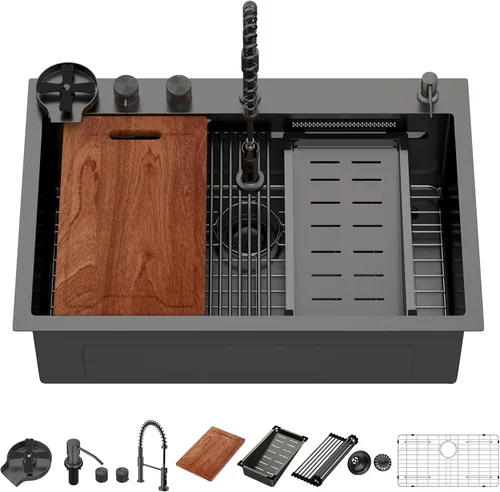 Vista 41 de Lordear - Fregadero de barra – Fregadero de barra dorado de 13 x 15 pulgadas con grifo dispensador de jabón, estación de trabajo, calibre 16 T304