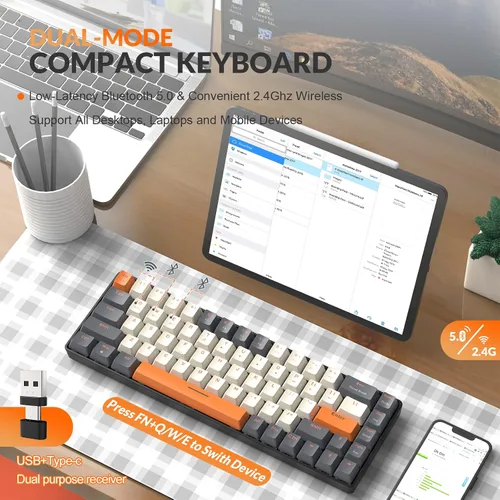 Vista 5 de MAGIC-REFINER RK68 - Teclado mecánico inalámbrico 60 Bluetooth 5024GHz con receptor 2 en 1 de modo dual teclado compacto de 68 teclas