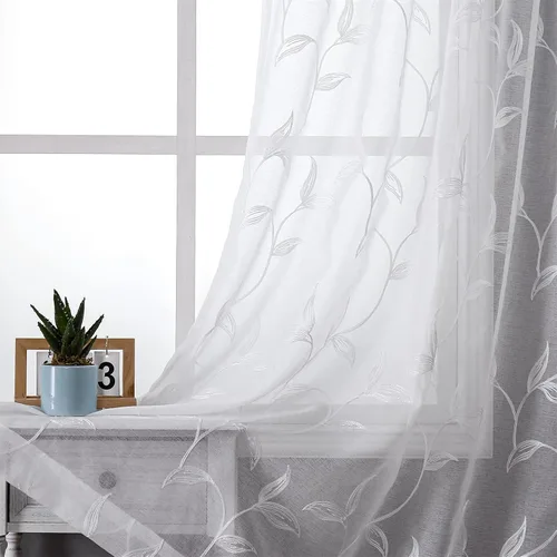 Vista 12 de VISIONTEX 2 paneles de cortinas traslúcidas de 63 in de largo, cortinas de gasa semitransparentes bordadas con hojas florales beige, bolsillo