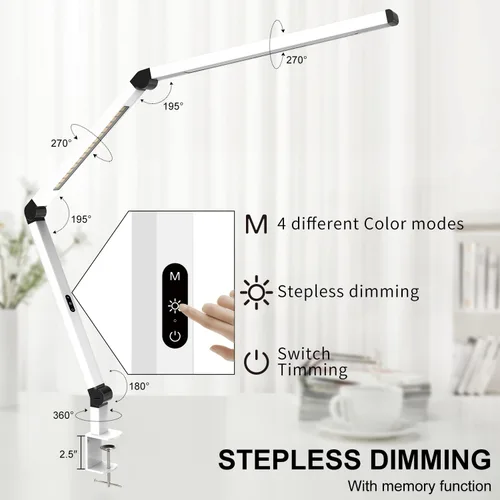 Vista 3 de Micomlan Lámpara de escritorio LED con abrazadera, lámpara de mesa de doble luz con brazo oscilante ajustable, cuidado de los ojos, 4 modos CCT y 5