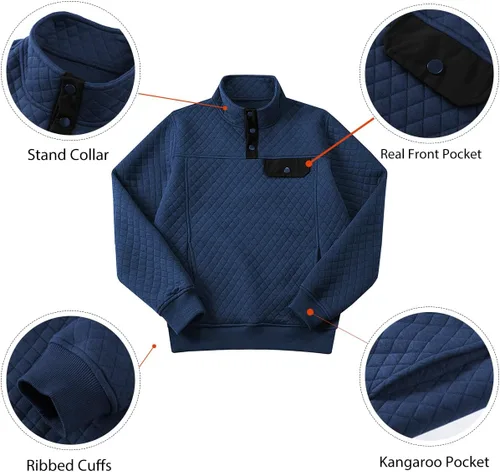 Vista 3 de JMIERR Sudadera acolchada para hombre, casual, de manga larga, cuello alto, con botones