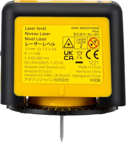 Vista 2 de Amazon Basics Nivel láser giratorio de 360 grados Clase II con 2 viales de burbuja retroiluminados extragrandes, 16 pies/192 pulgadas, amarillo/negro