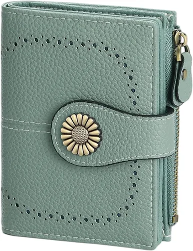 Vista 8 de SENDEFN - Billetera pequeña para mujer de cuero con doble solapa, portatarjetas con bloqueo RFID, bolsillo con cremallera para monedas 1-cera-rosa