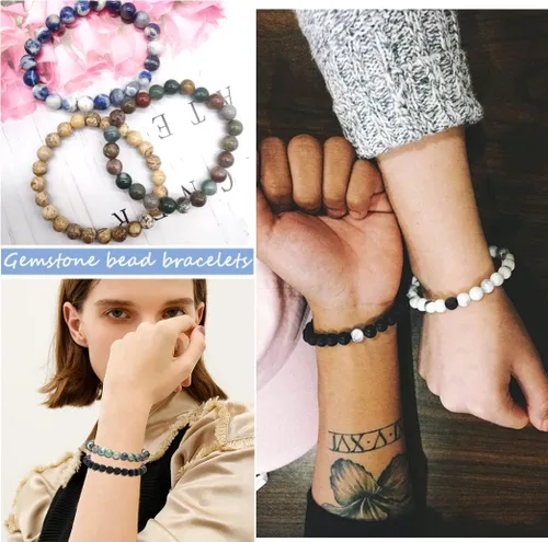 Vista 4 de Jewdreamer 6-12 pulseras de piedra de lava negra de 7 chakras para hombres y mujeres, mezcla de cuentas de roca Yinyang de 0.315in, piedras