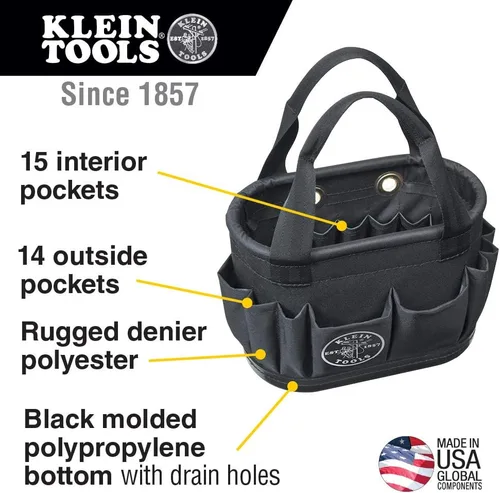 Vista 2 de Klein Tools 5144BHB14OS Cubo de cuerpo duro, cubo de herramientas ovalado aéreo con orificios de drenaje, 29 bolsillos