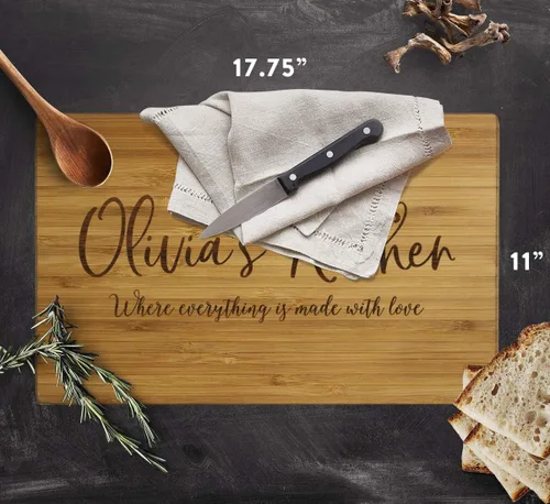 Vista 5 de Andaz Press Tabla de cortar grande personalizada de madera de bambú, 17.75 x 11 pulgadas, laureles rústicos, cocina de Olivia, donde todo se hace