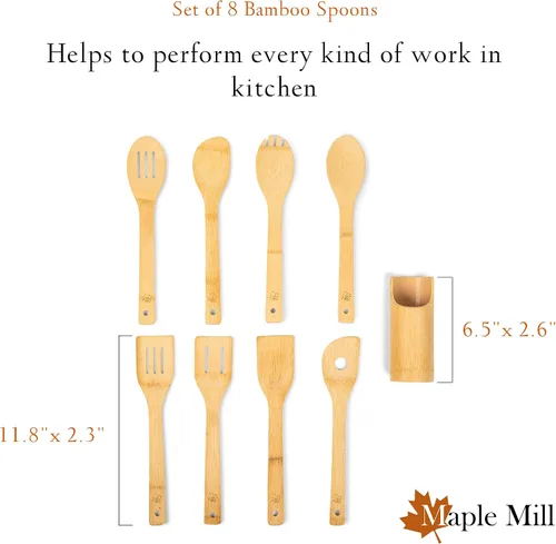 Vista 2 de Cucharas de bambú para cocinar - Juego de 8 cucharas con soporte - Cucharas de cocina de madera - Utensilios de cocina de bambú no tóxicos