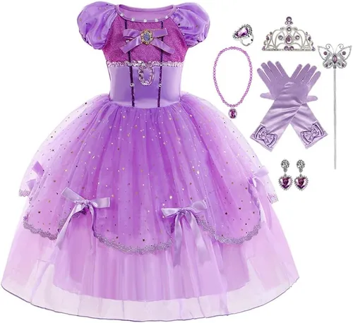 Vista 74 de Disfraz de princesa Sofía Rapunzel para niñas, disfraz de Halloween, Navidad, cumpleaños, fiesta con accesorios
