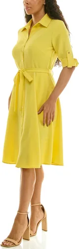Vista 5 de Sharagano Vestido camisero plisado para mujer, manga 3/4, cuello en V, botones dorados Acacia