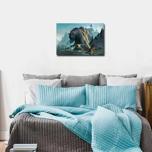 Vista 4 de Pintura artística de lobo nórdico Fenrir para pared, decoración estética contemporánea, impresiones en lienzo giclée, decoración de pared para sala