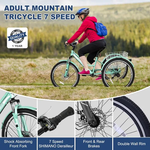 Vista 2 de Barbella Bicicleta de montaña para adultos, 7 velocidades y tres ruedas, triciclo de montaña para adultos, triciclo de crucero, triciclo